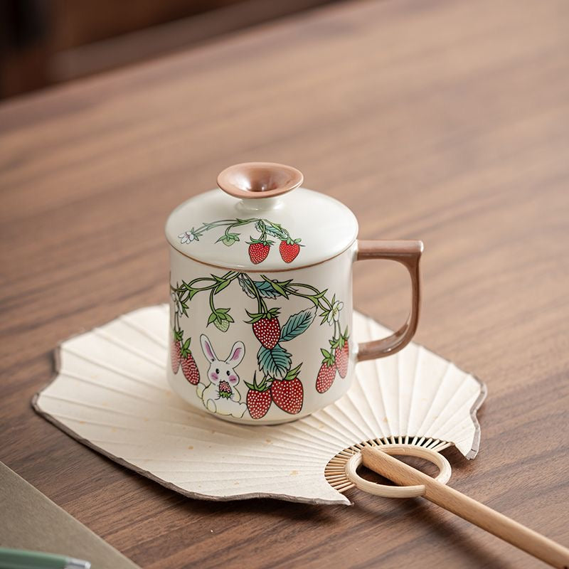 Mivoraa Ru Kiln Ceramic Strawberry Rabbit Mug (with Lid) – Dual-purpose for Tea & Coffee, Premium Grade, Suitable for Office & Home Use, Gift Box Set