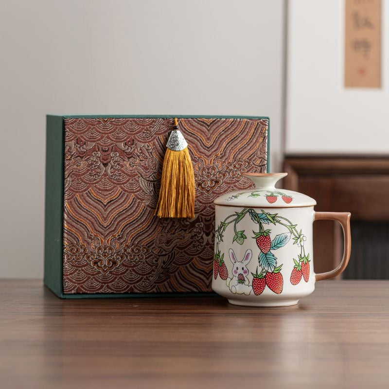 Mivoraa Ru Kiln Ceramic Strawberry Rabbit Mug (with Lid) – Dual-purpose for Tea & Coffee, Premium Grade, Suitable for Office & Home Use, Gift Box Set