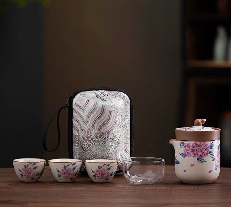 Mivoraa Ru Kiln Hydrangea Portable Travel Set (1 Teapot + 4 Cups + Embroidered Bag) - Dual - purpose Quick Cup for Tea and Coffee