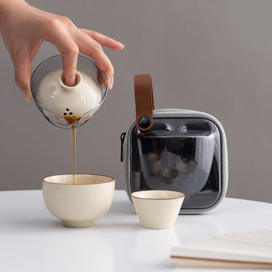 Mivoraa Ceramic Travel Drinkware Set: Portable Quick-Use Pot with Two Cups (Glass Ware for Tea & Coffee)