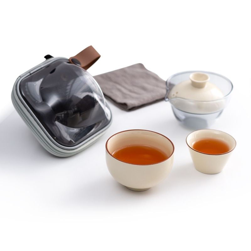Mivoraa Ceramic Travel Drinkware Set: Portable Quick-Use Pot with Two Cups (Glass Ware for Tea & Coffee)