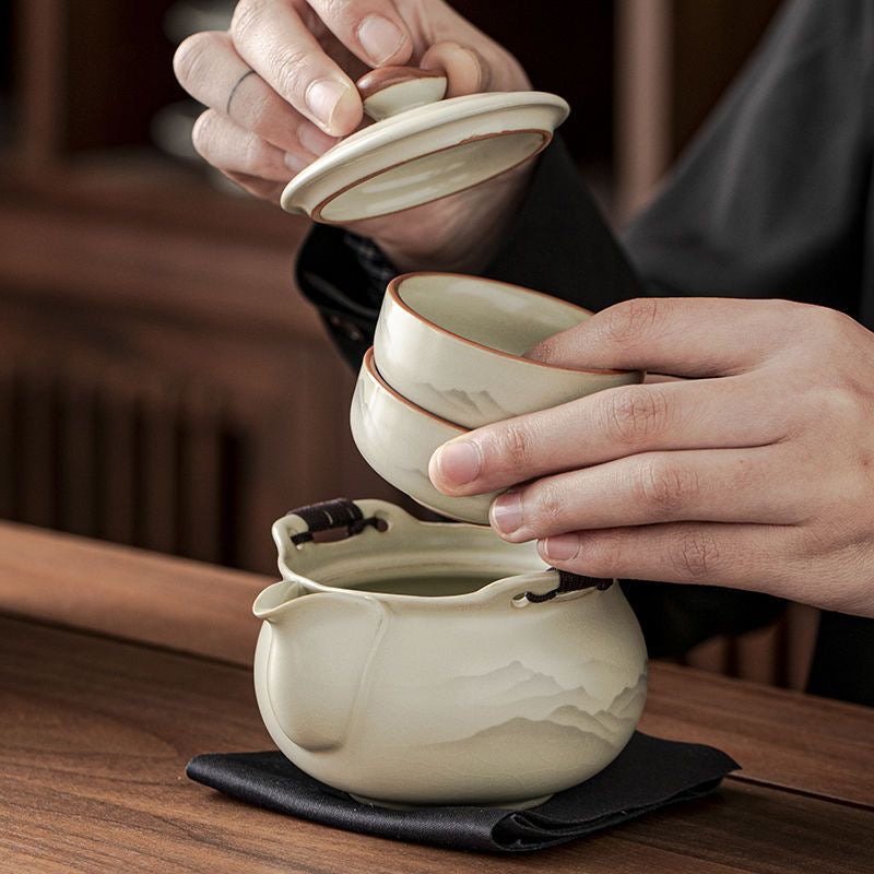 Mivoraa Ru Kiln Travel Teapot (1+3 Cups): Dual-purpose Tea/Coffee, Minimalist Home Use