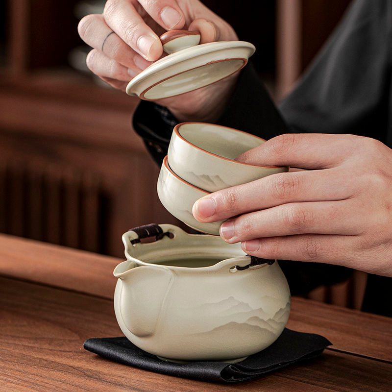 Mivoraa Ru Kiln Travel Teapot (1+3 Cups): Dual-purpose Tea/Coffee, Minimalist Home Use