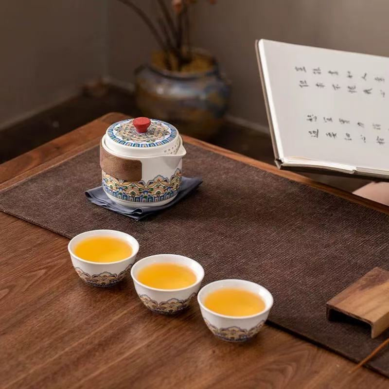 Mivoraa Dunhuang Baoxiang Pattern One-Pot-Three-Cup Portable Travel Tea Set - Dual-Purpose for Coffee and Tea Quick Cup