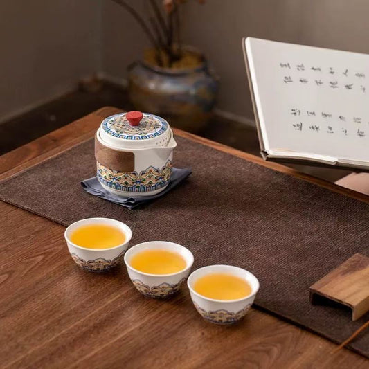 Mivoraa Dunhuang Baoxiang Pattern One-Pot-Three-Cup Portable Travel Tea Set - Dual-Purpose for Coffee and Tea Quick Cup