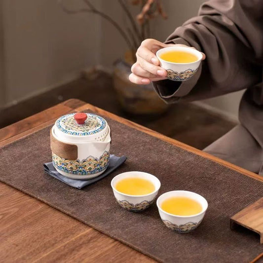 Mivoraa Dunhuang Baoxiang Pattern One-Pot-Three-Cup Portable Travel Tea Set - Dual-Purpose for Coffee and Tea Quick Cup
