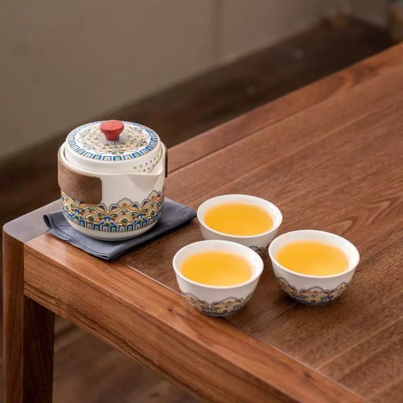 Mivoraa Dunhuang Baoxiang Pattern One-Pot-Three-Cup Portable Travel Tea Set - Dual-Purpose for Coffee and Tea Quick Cup