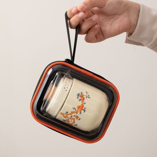 Mivoraa Persimmon - Themed Sheep - Fat Jade White Porcelain Coffee Cup, Portable Set for Office, Outdoor Use & Solo Drinking on Trips