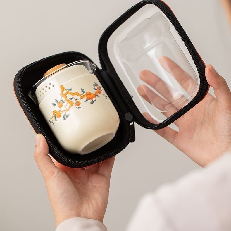 Mivoraa Persimmon - Themed Sheep - Fat Jade White Porcelain Coffee Cup, Portable Set for Office, Outdoor Use & Solo Drinking on Trips