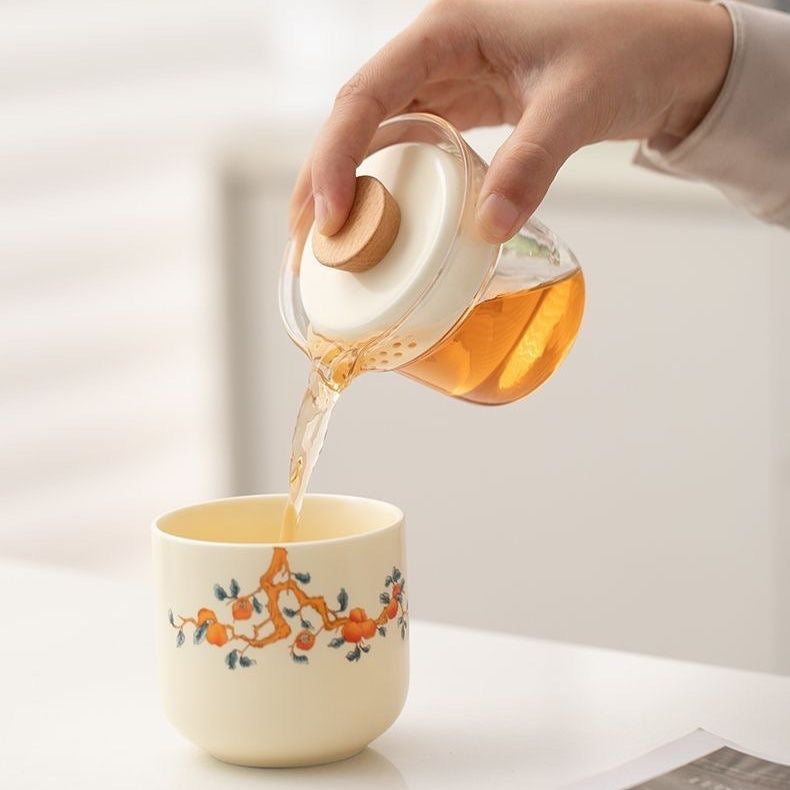 Mivoraa Persimmon - Themed Sheep - Fat Jade White Porcelain Coffee Cup, Portable Set for Office, Outdoor Use & Solo Drinking on Trips