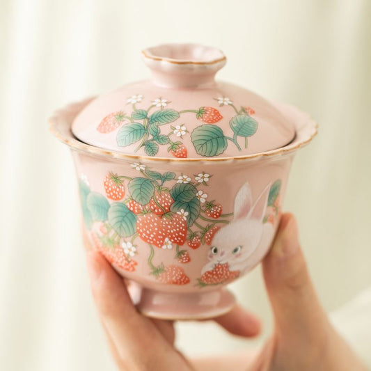 Mivoraa Strawberry Rabbit Ru Kiln Gaiwan: 2-in-1 Premium Chinese Tea & Coffee Cup