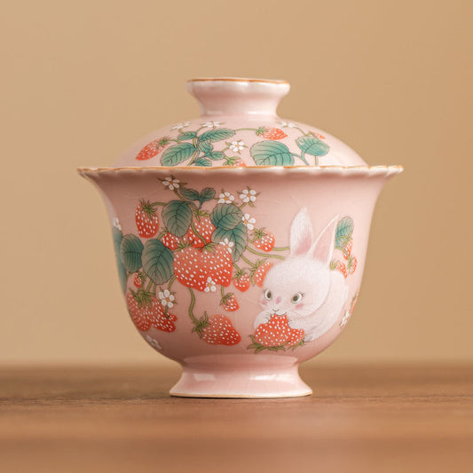 Mivoraa Strawberry Rabbit Ru Kiln Gaiwan: 2-in-1 Premium Chinese Tea & Coffee Cup