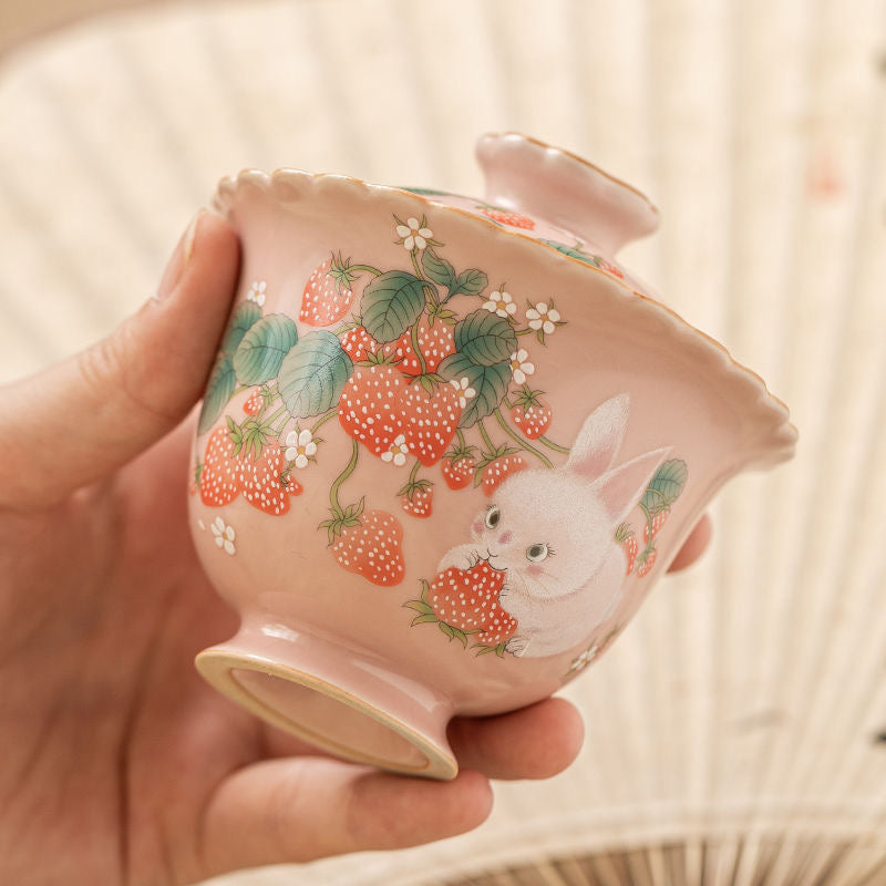 Mivoraa Strawberry Rabbit Ru Kiln Gaiwan: 2-in-1 Premium Chinese Tea & Coffee Cup