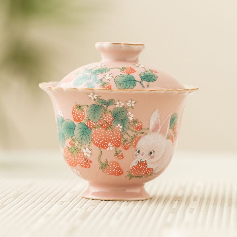 Mivoraa Strawberry Rabbit Ru Kiln Gaiwan: 2-in-1 Premium Chinese Tea & Coffee Cup