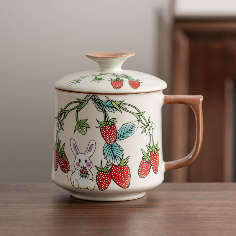 Mivoraa Ru Kiln Ceramic Strawberry Rabbit Mug (with Lid) – Dual-purpose for Tea & Coffee, Premium Grade, Suitable for Office & Home Use, Gift Box Set