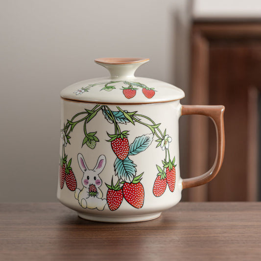 Mivoraa Ru Kiln Ceramic Strawberry Rabbit Mug (with Lid) – Dual-purpose for Tea & Coffee, Premium Grade, Suitable for Office & Home Use, Gift Box Set