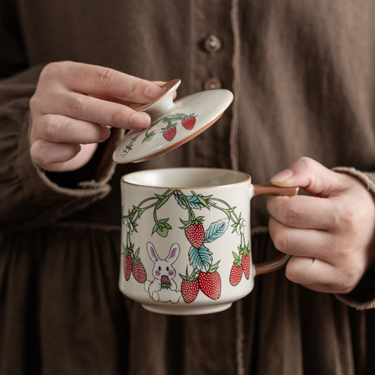 Mivoraa Ru Kiln Ceramic Strawberry Rabbit Mug (with Lid) – Dual-purpose for Tea & Coffee, Premium Grade, Suitable for Office & Home Use, Gift Box Set