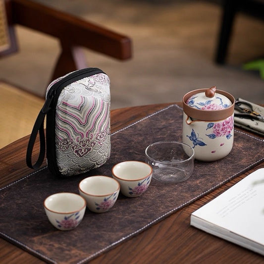 Mivoraa Ru Kiln Hydrangea Portable Travel Set (1 Teapot + 4 Cups + Embroidered Bag) - Dual - purpose Quick Cup for Tea and Coffee