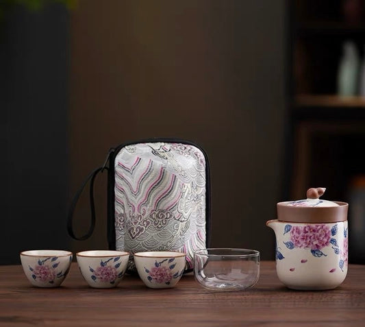 Mivoraa Ru Kiln Hydrangea Portable Travel Set (1 Teapot + 4 Cups + Embroidered Bag) - Dual - purpose Quick Cup for Tea and Coffee