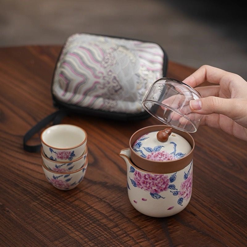 Mivoraa Ru Kiln Hydrangea Portable Travel Set (1 Teapot + 4 Cups + Embroidered Bag) - Dual - purpose Quick Cup for Tea and Coffee