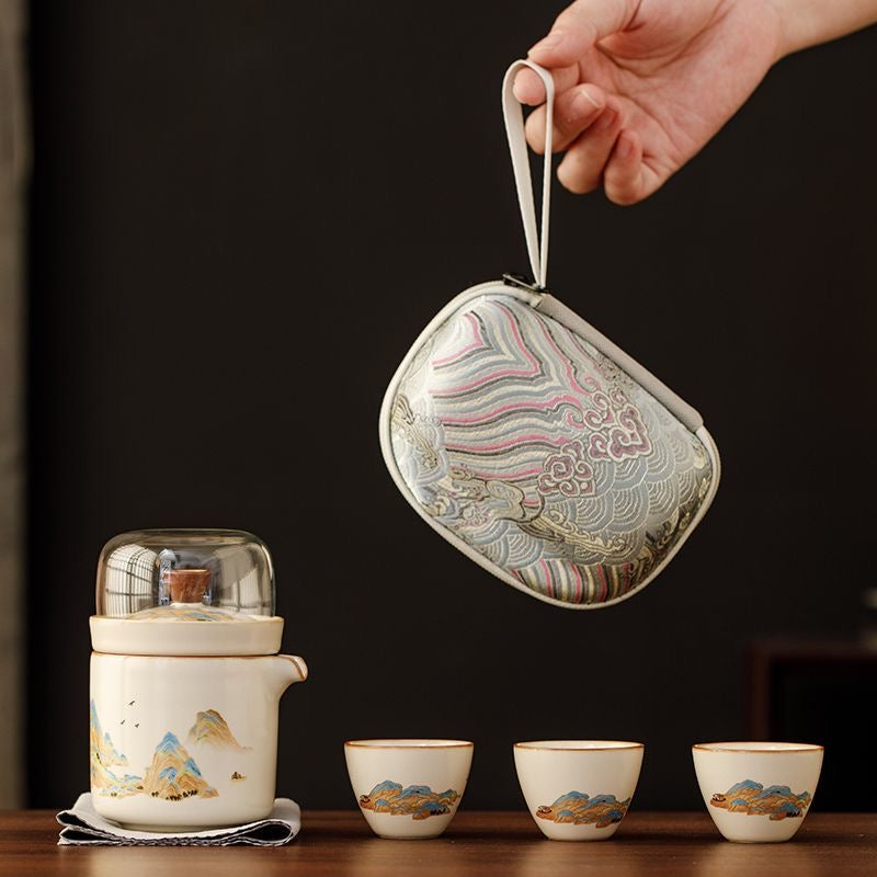 Mivoraa Qianli Jiangshan Ru Kiln Travel Tea Set (1 Teapot + 3 Cups)